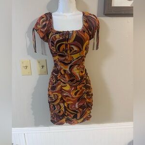 Ultra Flirt Brown and Yellow Swirl Ruched Square-Neck Mini Dress